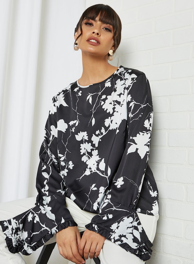 ANOTAH - Floral Pattern Bell Sleeve Blouse Black Offwhite Floral - Image 1