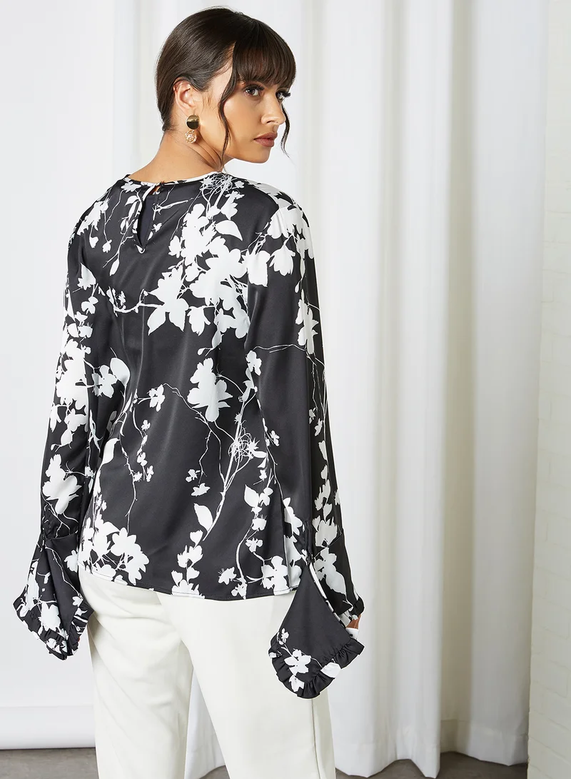 ANOTAH Floral Pattern Bell Sleeve Blouse