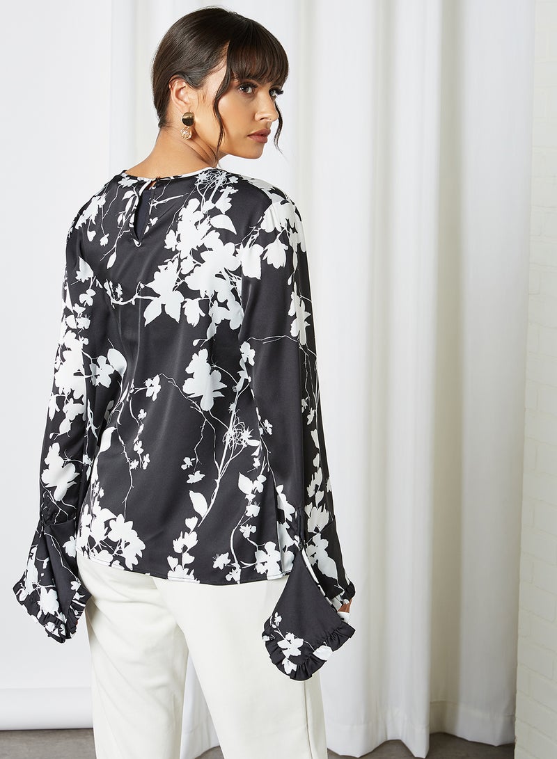 ANOTAH - Floral Pattern Bell Sleeve Blouse Black Offwhite Floral - Image 1