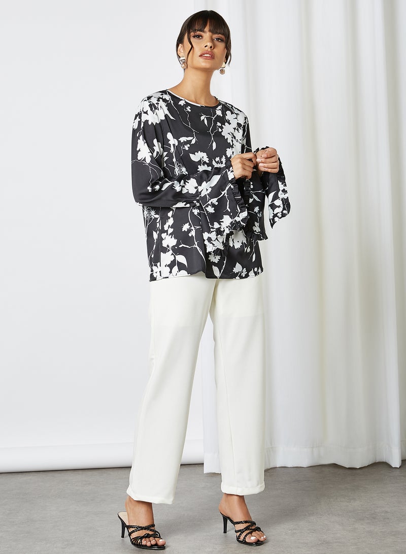 ANOTAH - Floral Pattern Bell Sleeve Blouse Black Offwhite Floral - Image 1