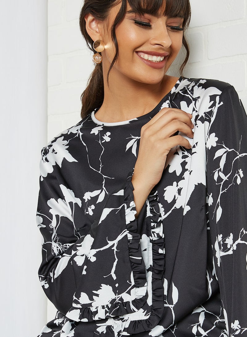 ANOTAH - Floral Pattern Bell Sleeve Blouse Black Offwhite Floral - Image 1