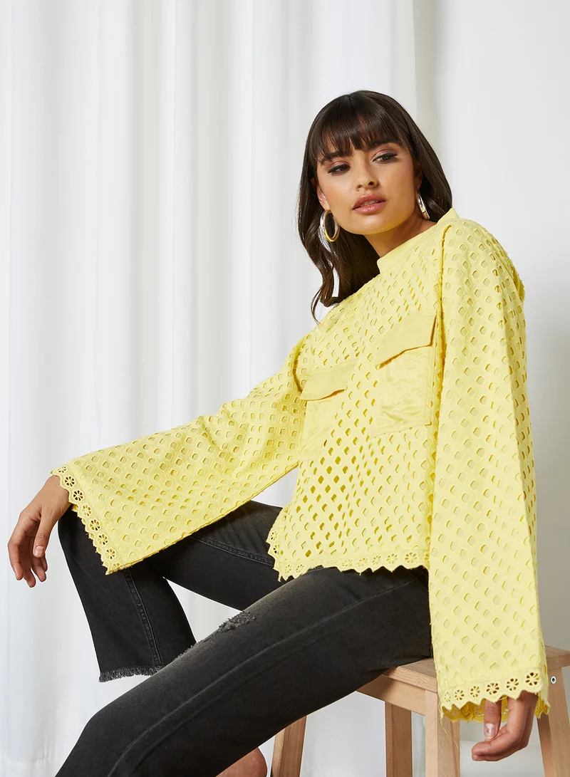 ANOTAH Lace Pattern Bell Sleeve Blouse Yellow