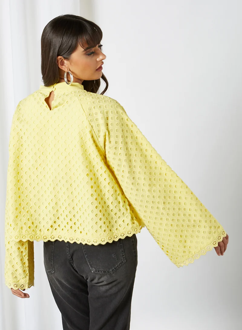 ANOTAH Lace Pattern Bell Sleeve Blouse Yellow