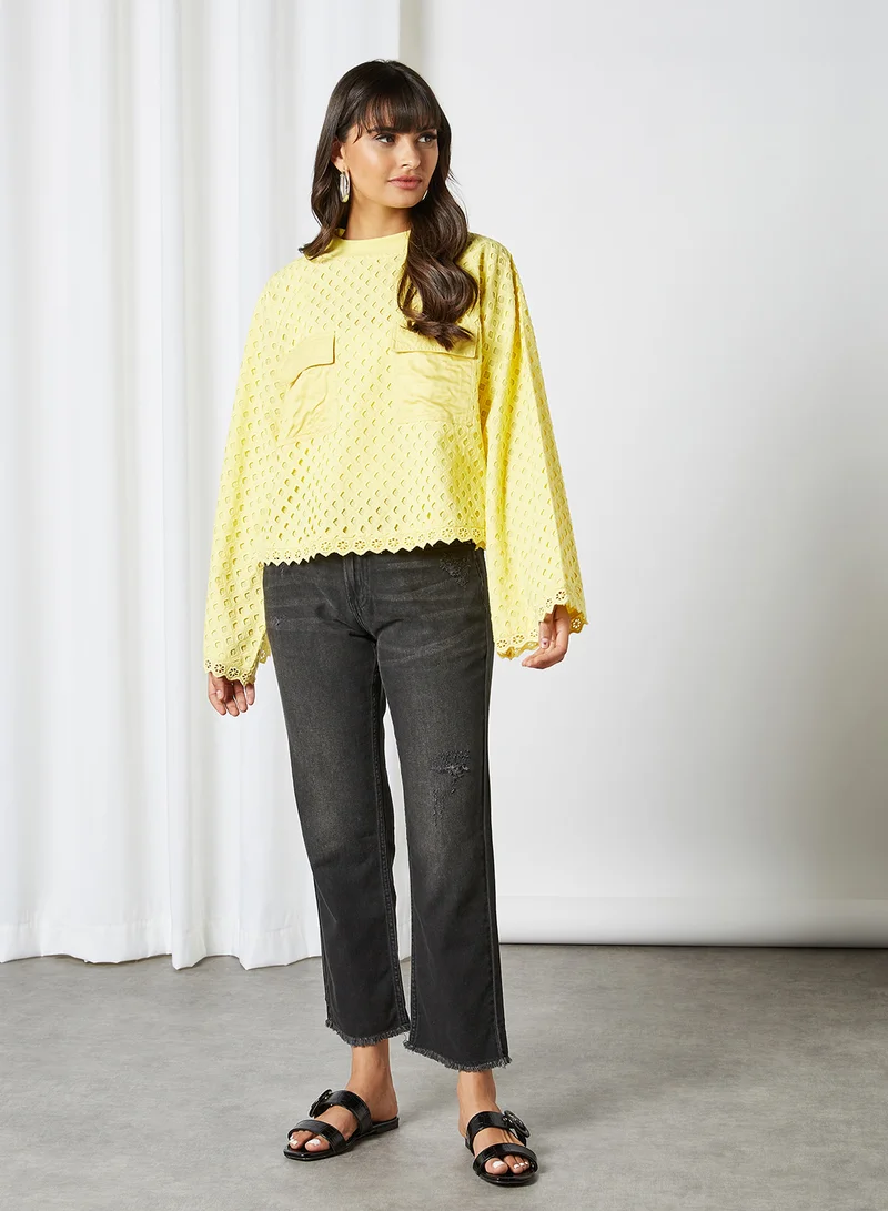 ANOTAH Lace Pattern Bell Sleeve Blouse Yellow