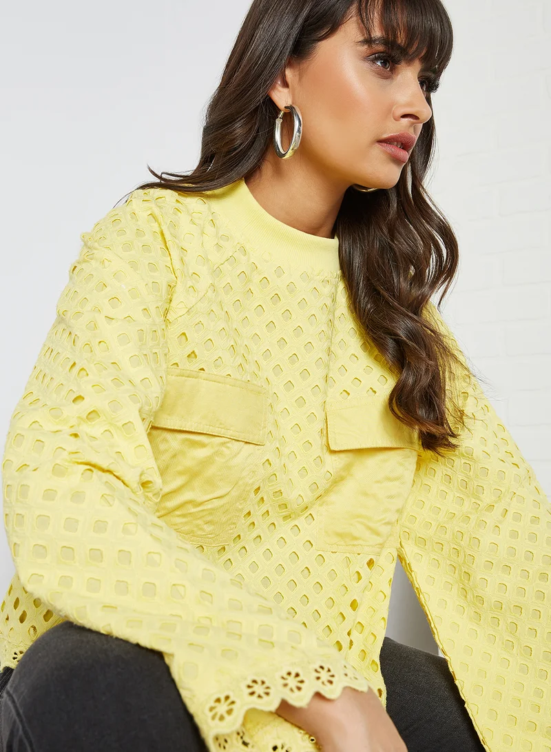 ANOTAH Lace Pattern Bell Sleeve Blouse Yellow