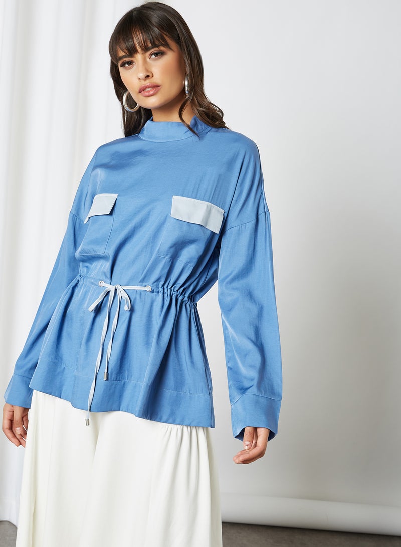 ANOTAH - Elasticated Waist Belt Dual Pocket Long Sleeve Blouse Blue - Image 1