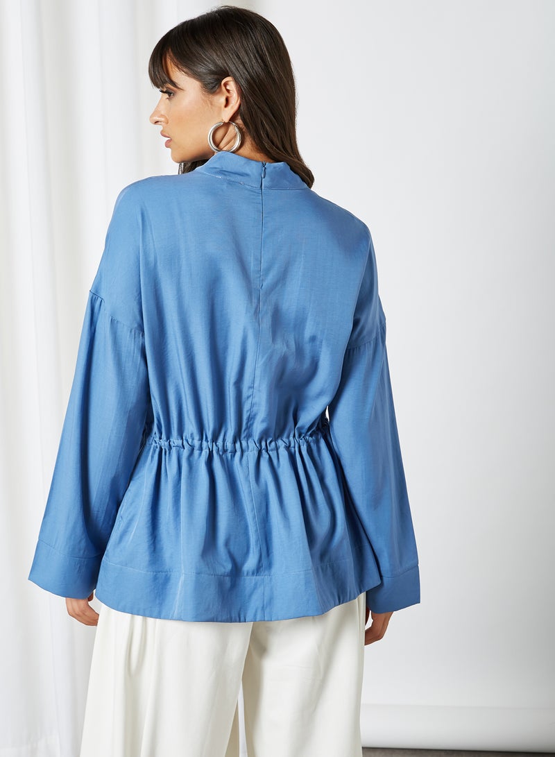 ANOTAH - Elasticated Waist Belt Dual Pocket Long Sleeve Blouse Blue - Image 1