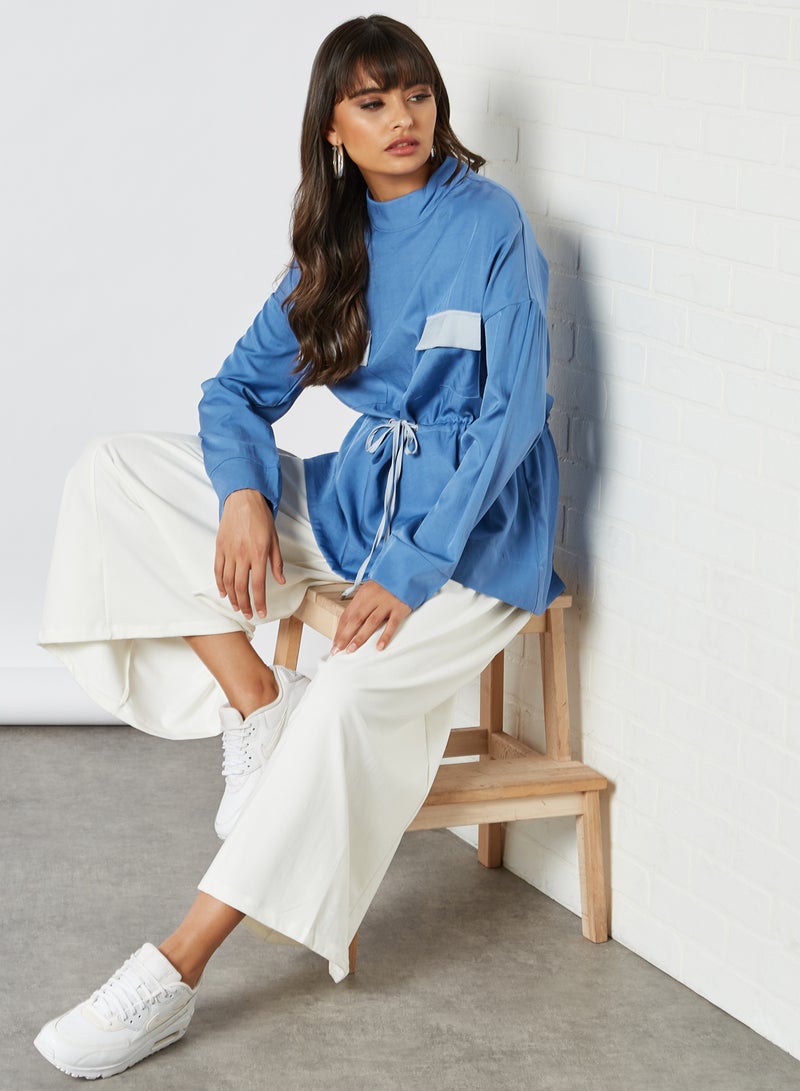 ANOTAH - Elasticated Waist Belt Dual Pocket Long Sleeve Blouse Blue - Image 1