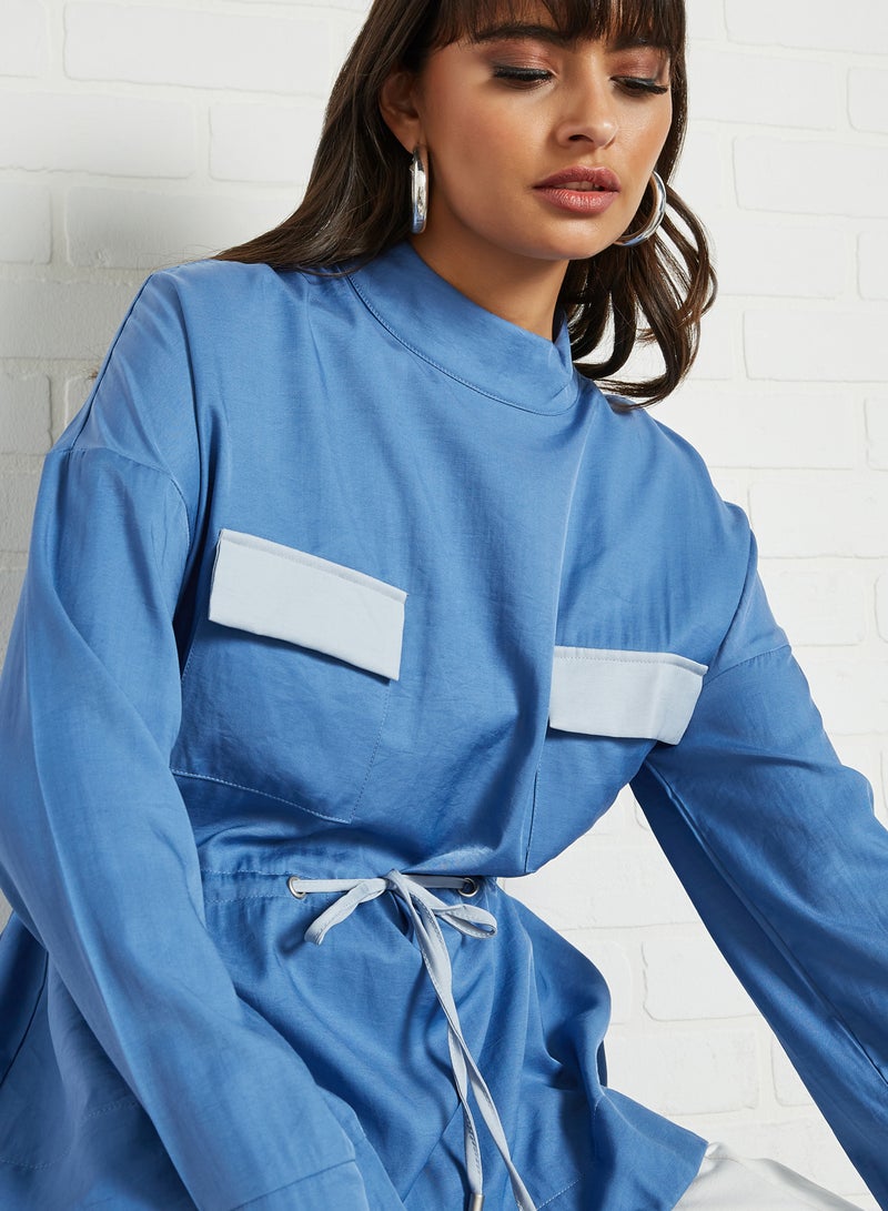 ANOTAH - Elasticated Waist Belt Dual Pocket Long Sleeve Blouse Blue - Image 1
