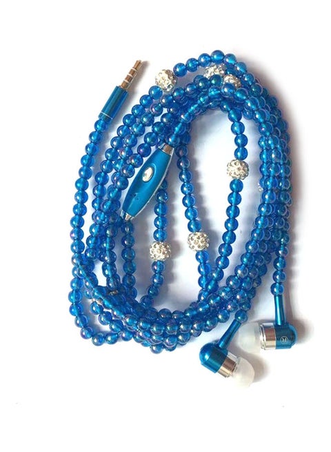 Jewelry Pearl Necklace Stereo Earphones With Microphone Blue