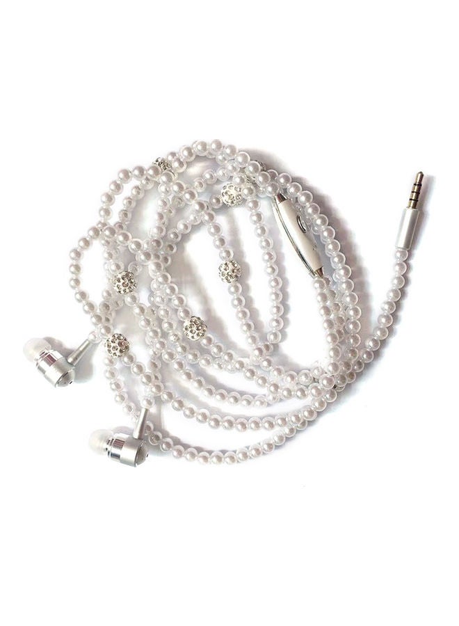 Jewelry Pearl Necklace Stereo Earphones With Microphone White  - Image 1