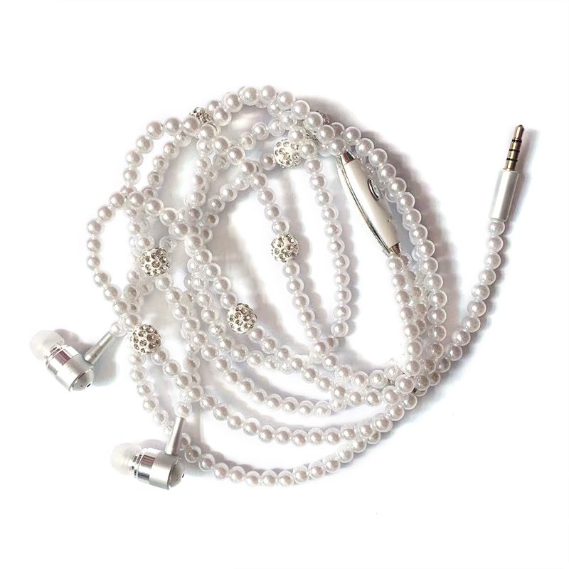 Jewelry Pearl Necklace Stereo Earphones With Microphone White  - Image 4