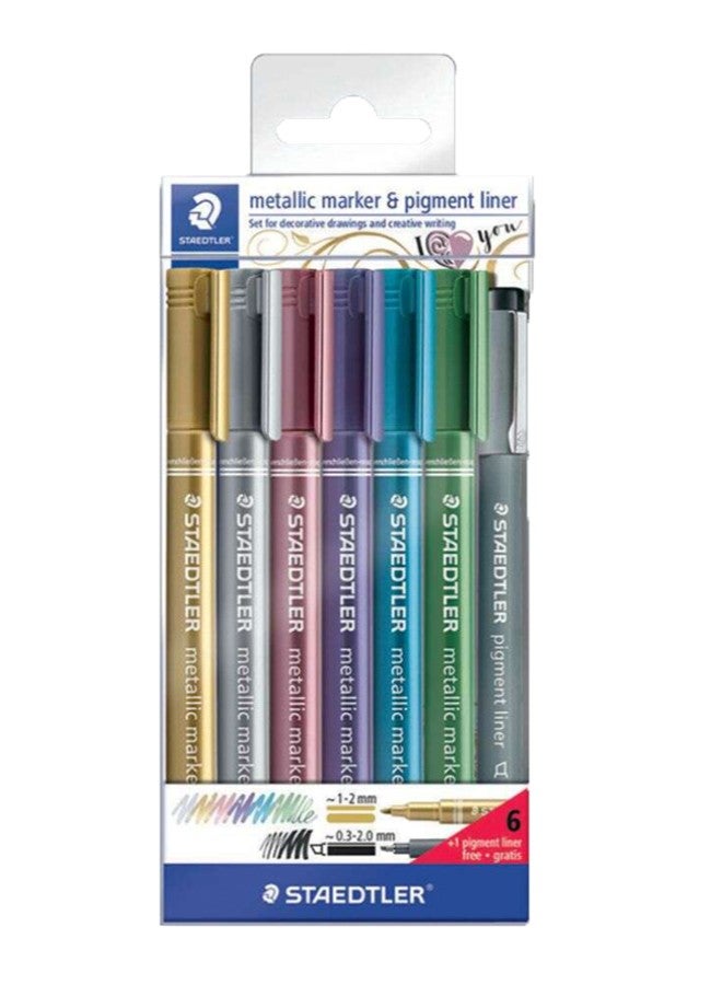 ستدلر طقم أقلام ماركر بنمط معدني وقلم تحديد بصبغة، مكون من 6 قطع متعدد الألوان