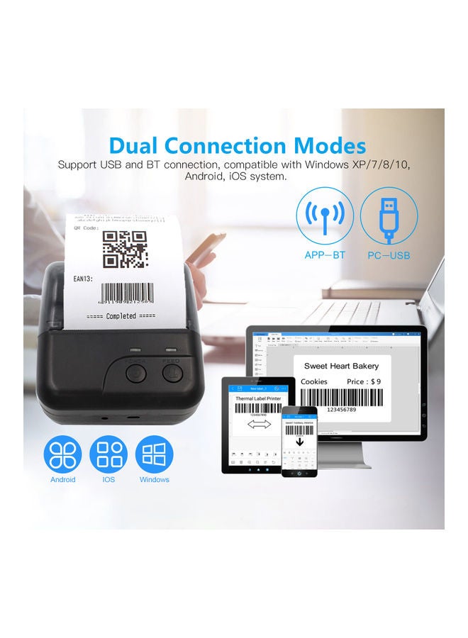 أيبيسي - طابعة إيصالات حرارية لاسلكية صغيرة ومحمولة تدعم الاتصال عبر منفذ USB أو الاتصال من خلال البلوتوث وتدعم ESC/POS متوافقة مع ويندوز واندرويد وIOS تُستخدم في المطاعم والسوبر ماركت أسود - Image 1
