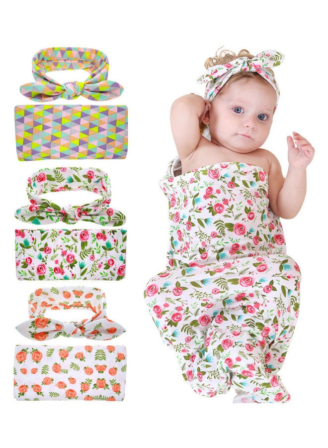 Floral Printed Baby Swaddle Blanket With Headband - Image 3