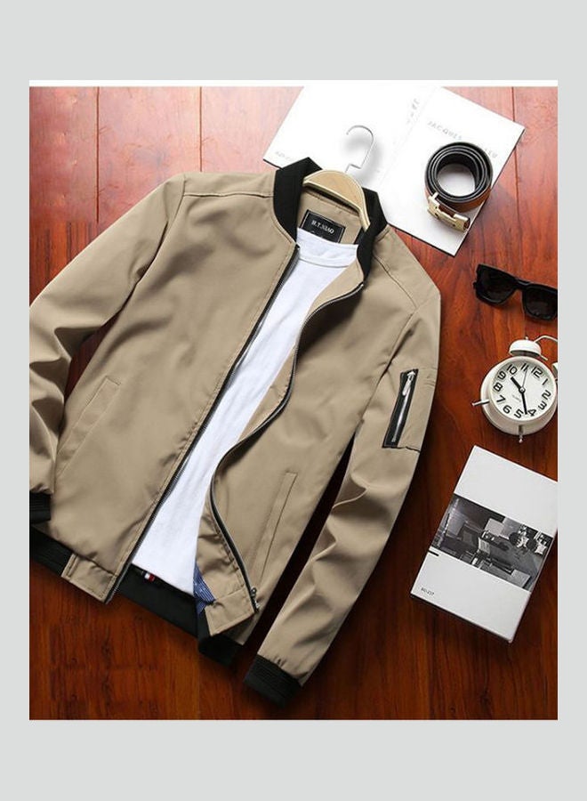 Spring Autumn Thin Casual Zipper Jacket Baseball Uniform Khaki - Image 2