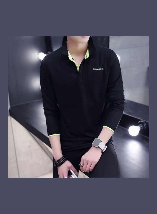 Men Long Sleeve Shirt Stand Collar Print Casual T-Shirt Slim Top Spring Autumn Blue/Black - Image 3