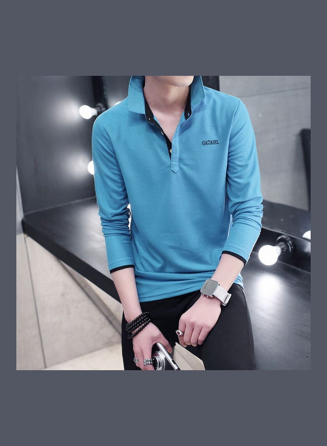 Men Long Sleeve Shirt Stand Collar Print Casual T-Shirt Slim Top Spring Autumn Blue/Black - Image 1