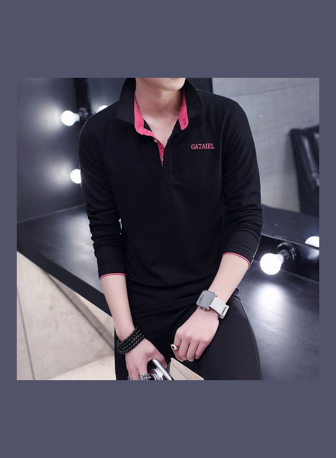 Men Long Sleeve Shirt Stand Collar Print Casual T-Shirt Slim Top Spring Autumn Blue/Black - Image 2