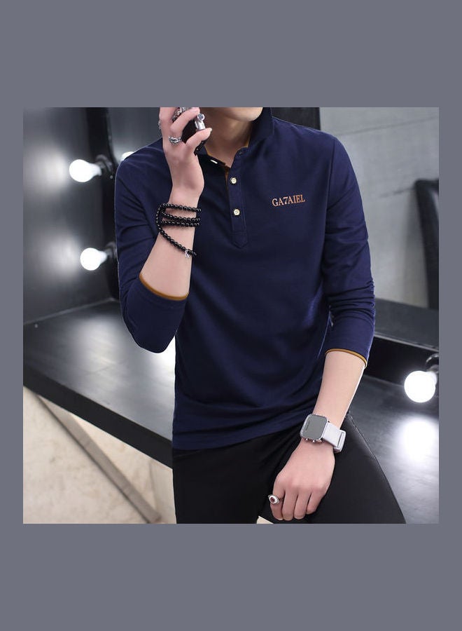 Men Long Sleeve Shirt Stand Collar Print Casual T-Shirt Slim Top Spring Autumn Blue/Black - Image 5