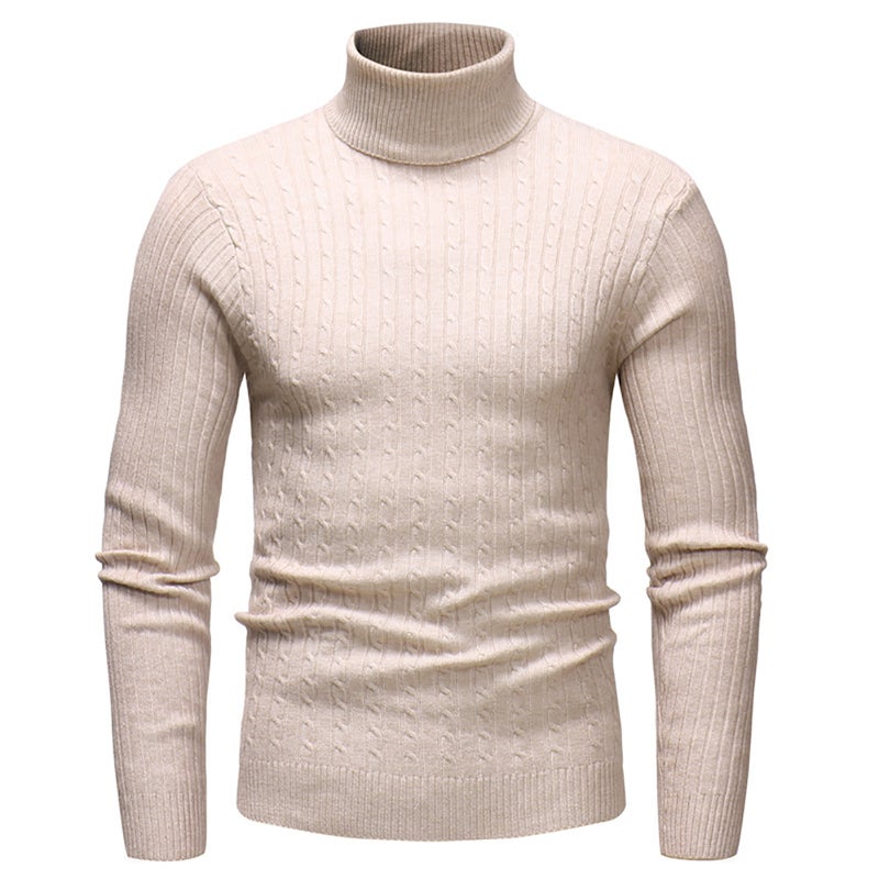 Men Autumn Winter Casual Long Sleeved Turtleneck Sweater Top Beige  - Image 5