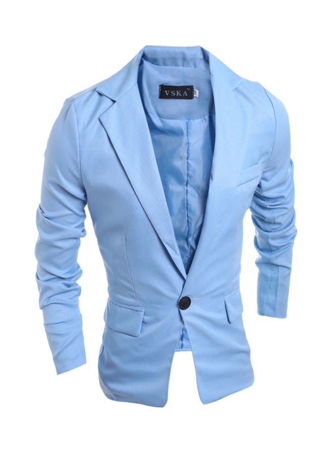 Men Slim Single Button Lapel Suit V- Neck Simple Solid Color Casual Wedding Groom Coat Light Blue - Image 1