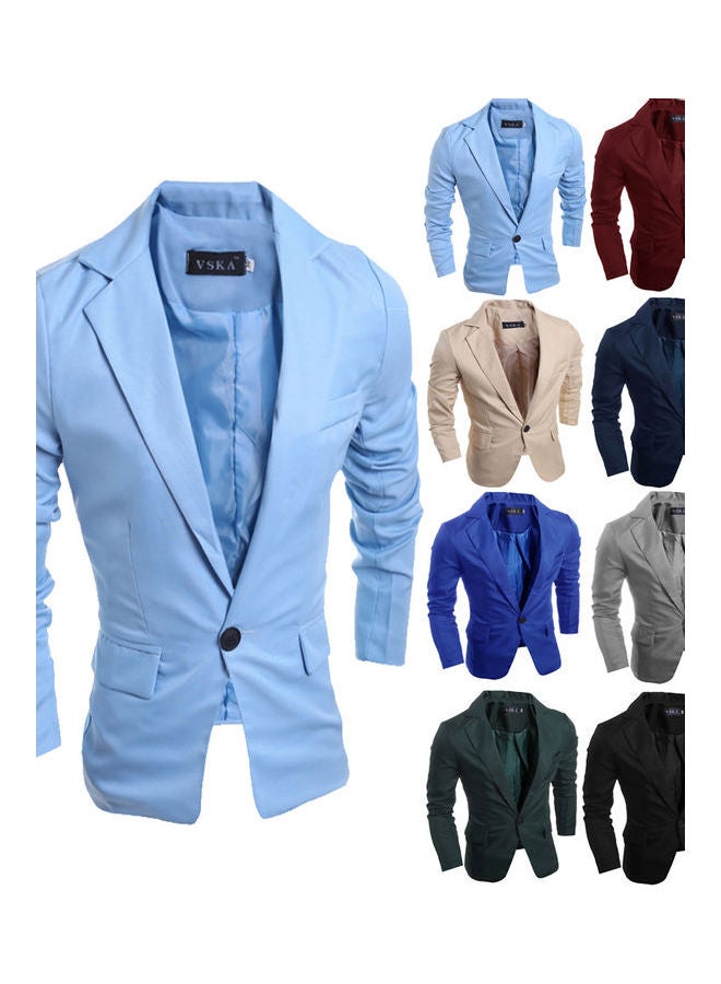 Men Slim Single Button Lapel Suit V- Neck Simple Solid Color Casual Wedding Groom Coat Light Blue - Image 3