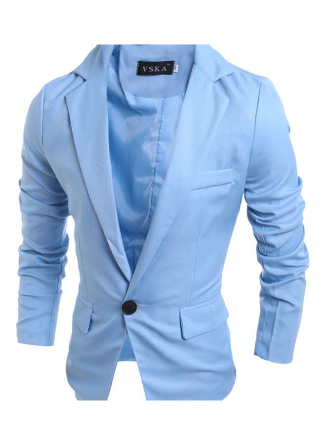 Men Slim Single Button Lapel Suit V- Neck Simple Solid Color Casual Wedding Groom Coat Light Blue - Image 4