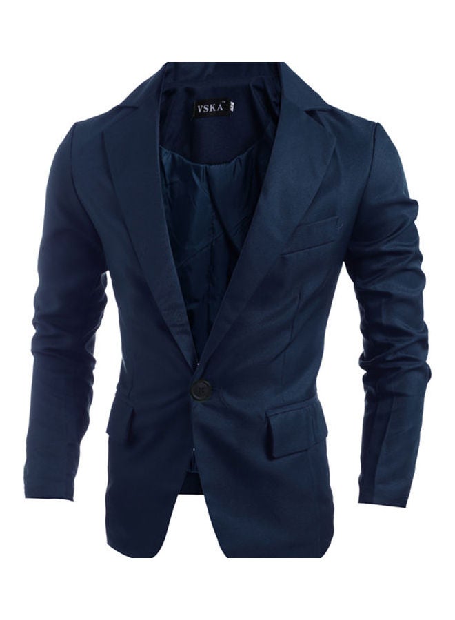 Slim Single button Lapel Suit V-neck Casual Wedding Groom Coat Navy Blue - Image 4