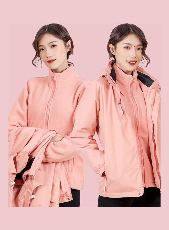 Men Women 3 In 1 Thicken Fleece Waterproof Windbreaker Winter Jacket Coral Pink - Image 4