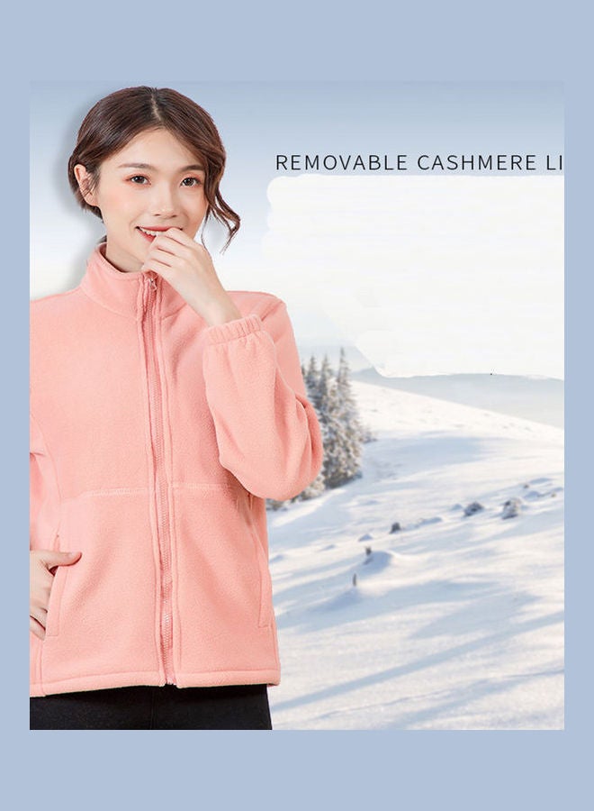 Men Women 3 In 1 Thicken Fleece Waterproof Windbreaker Winter Jacket Coral Pink - Image 5