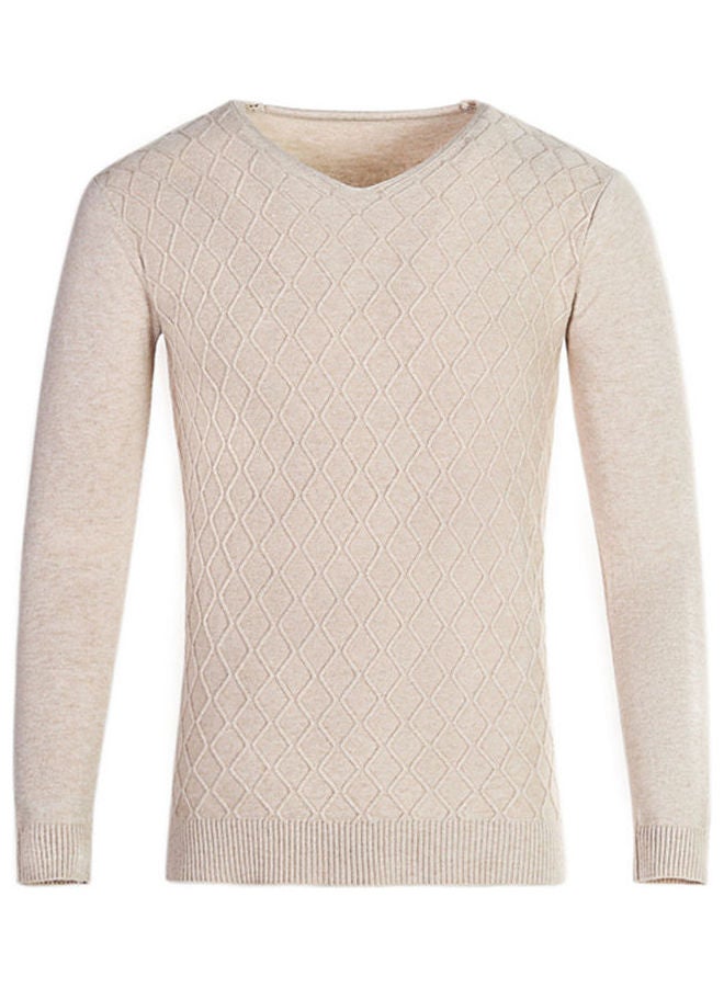 Boys Men Autumn Winter V-Neck Sweater Fashion Sweater Slim Solid Color Shirt Top Creamy-White  - Image 1