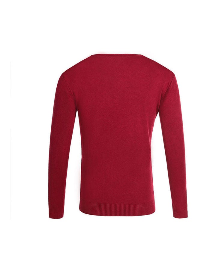 Boys Men Autumn Winter V-Neck Sweater Fashion Sweater Slim Solid Color Shirt Top Red  - Image 2