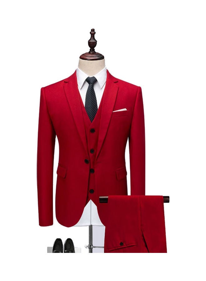 Set Of 3 Pieces Men Lapel V-Neck Suit And Vest And Pants Slim Solid Color Wedding Groom Formal Outfit Blood Red - Image 1