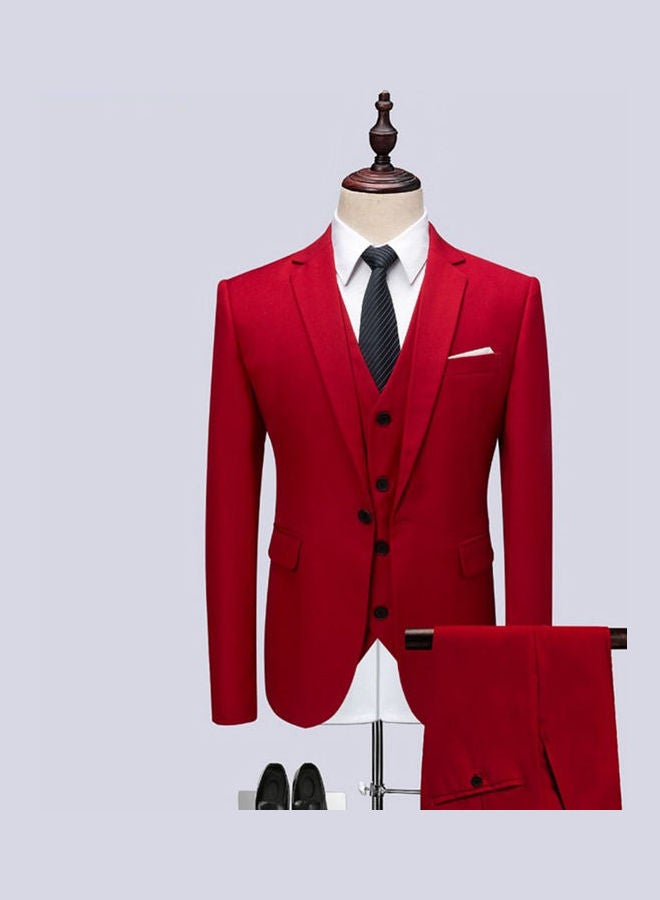 Set Of 3 Pieces Men Lapel V-Neck Suit And Vest And Pants Slim Solid Color Wedding Groom Formal Outfit Blood Red - Image 4