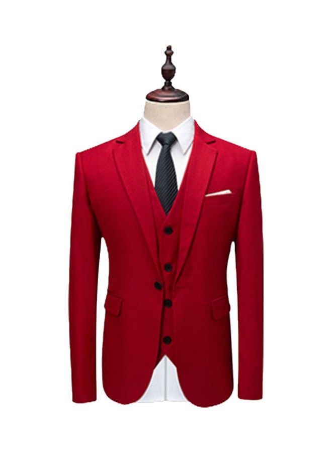 Set Of 3 Pieces Men Lapel V-Neck Suit And Vest And Pants Slim Solid Color Wedding Groom Formal Outfit Blood Red - Image 5