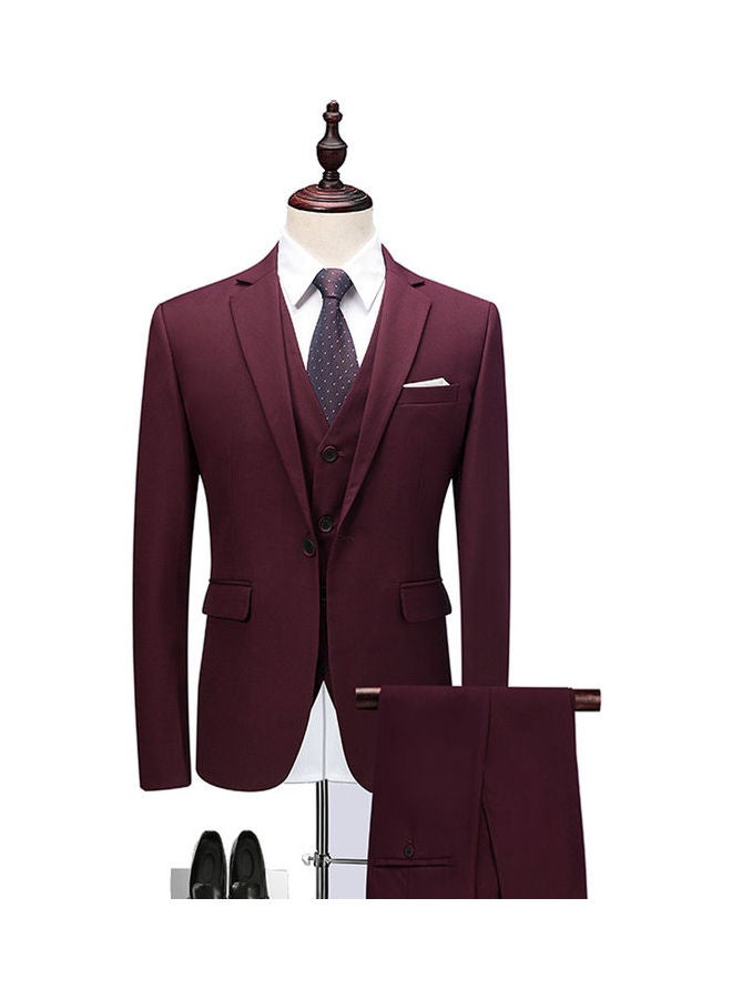 Generic - Set Of 3 Pieces Men Lapel V-Neck Suit And Vest And Pants Slim Solid Color Wedding Groom Formal Outfit Burgundy Red - Image 1