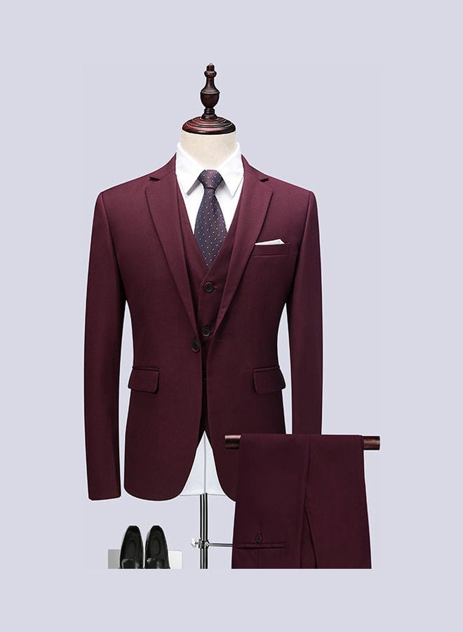 Generic - Set Of 3 Pieces Men Lapel V-Neck Suit And Vest And Pants Slim Solid Color Wedding Groom Formal Outfit Burgundy Red - Image 1