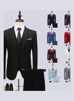 Set Of 3 Pieces Men Lapel V-Neck Suit And Vest And Pants Slim Solid Color Wedding Groom Formal Outfit Grey/Red - v1605733191/N42372332V_3