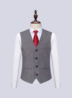 Set Of 3 Pieces Men Lapel V-Neck Suit And Vest And Pants Slim Solid Color Wedding Groom Formal Outfit Grey/Red - v1605733191/N42372332V_5