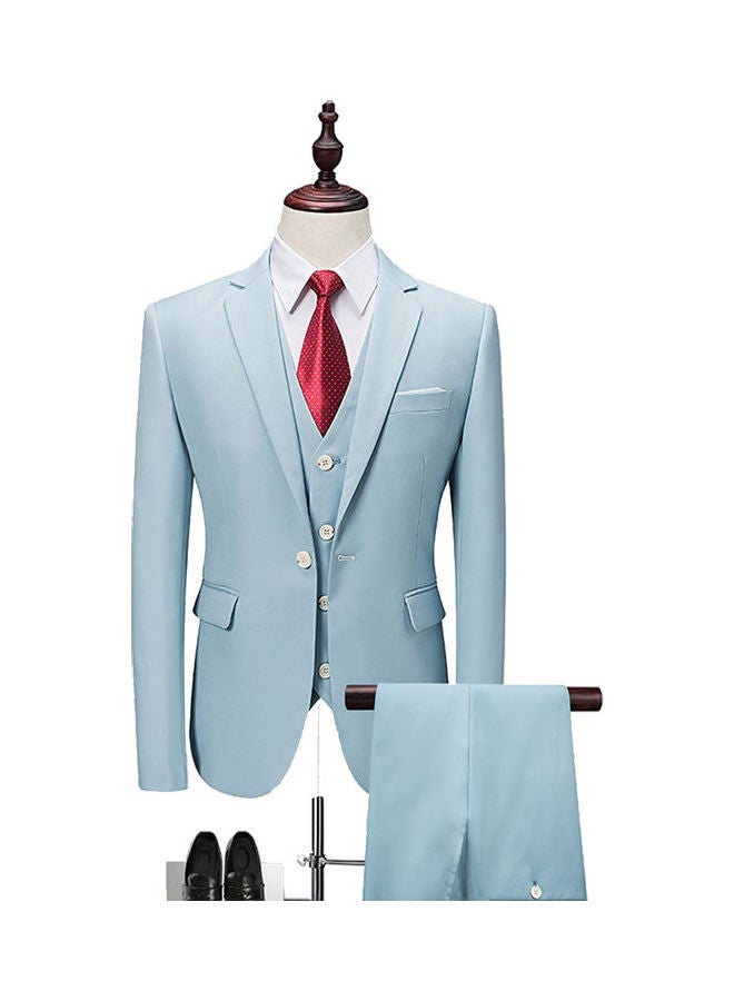Set Of 3 Pieces Men Lapel V-Neck Suit And Vest And Pants Slim Solid Color Wedding Groom Formal Outfit Cadet Blue  - Image 1