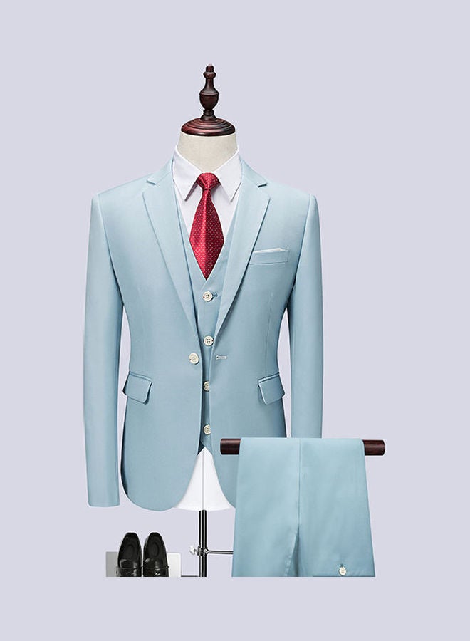 Set Of 3 Pieces Men Lapel V-Neck Suit And Vest And Pants Slim Solid Color Wedding Groom Formal Outfit Cadet Blue  - Image 4