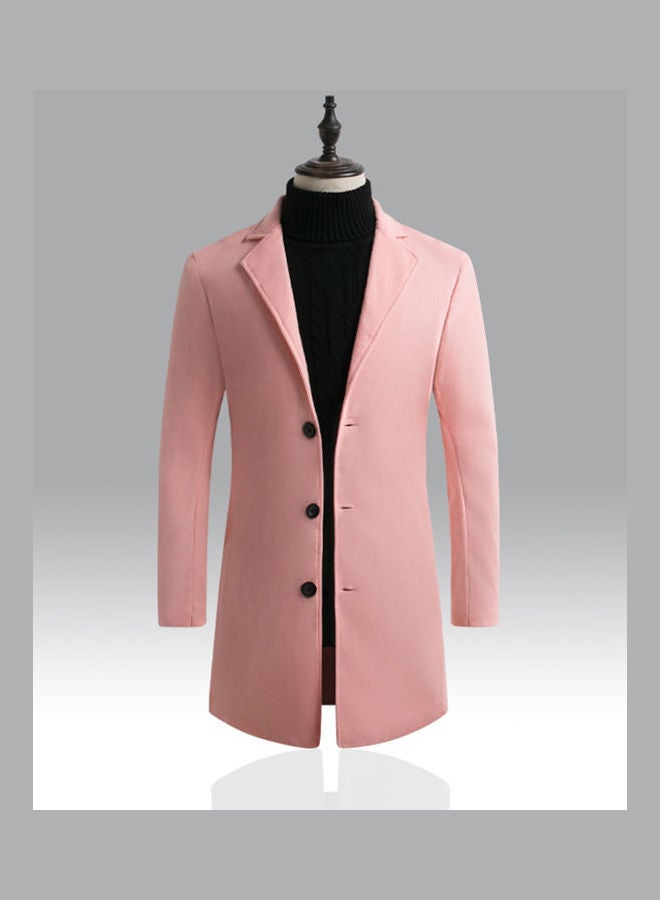 Generic - Slim Single Breasted Woolen Trench V-Neck Lapel Middle Long Over Coat Pink - Image 1