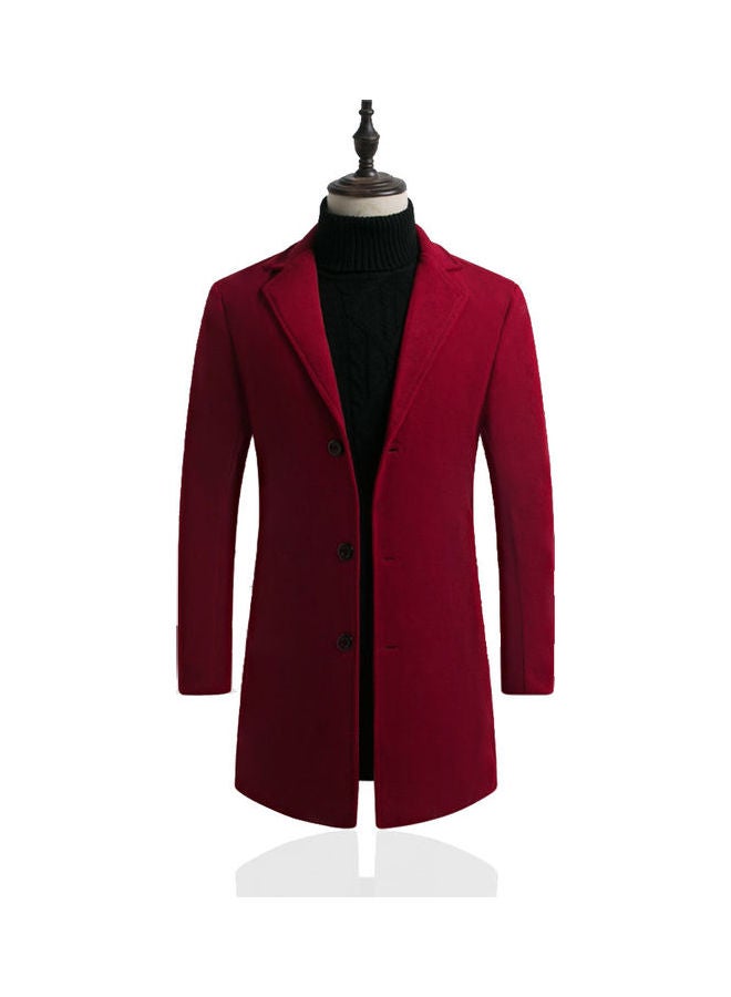 Generic - Slim Single Breasted Woolen Trench V-Neck Lapel Middle Long Over Coat Red - Image 1