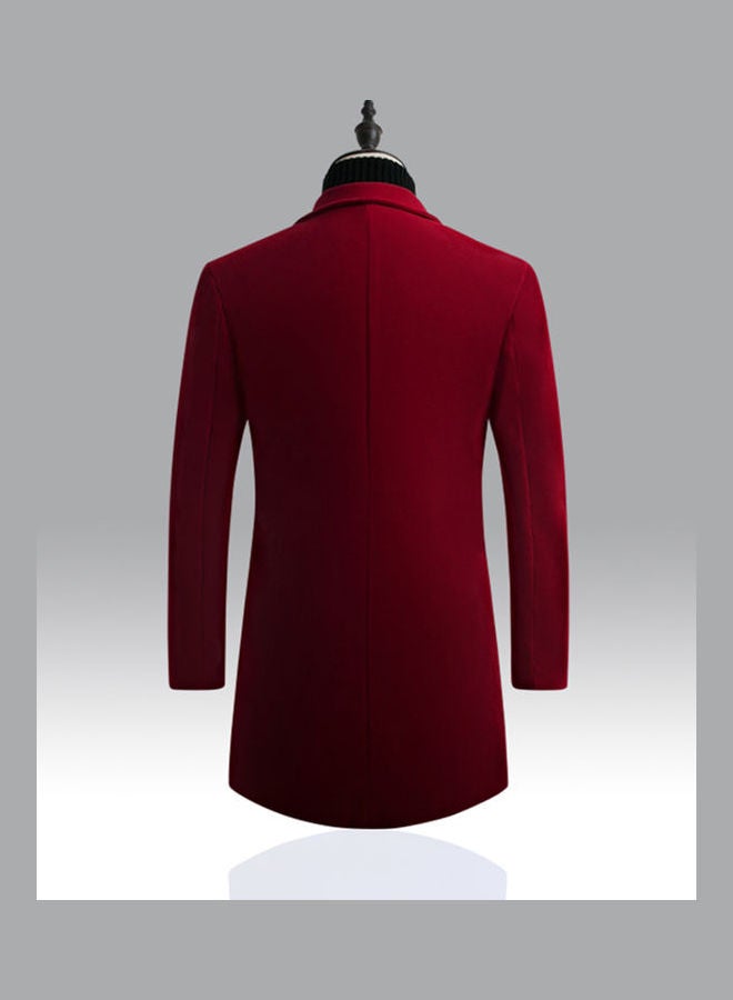 Generic - Slim Single Breasted Woolen Trench V-Neck Lapel Middle Long Over Coat Red - Image 1