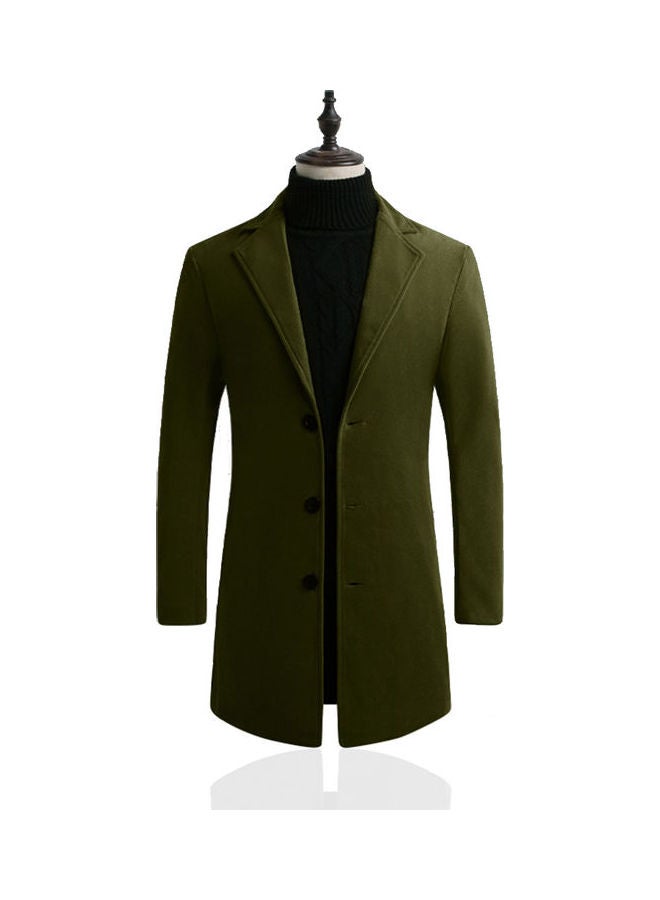 Slim Single-breasted Woolen Trench Coat Solid Color V-Neck Lapel Middle Long Overcoat army green  - Image 1