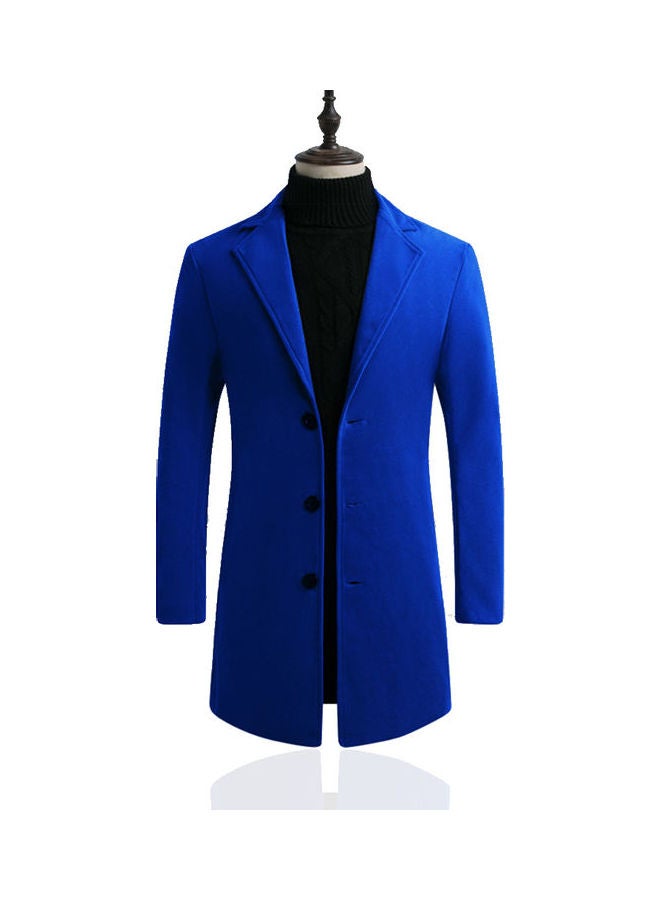Men Slim Single-Breasted Woolen Trench Coat Solid Color V-Neck Lapel Middle Long Overcoat Royal Blue - Image 1
