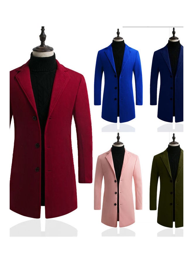 Men Slim Single-Breasted Woolen Trench Coat Solid Color V-Neck Lapel Middle Long Overcoat Royal Blue - Image 3