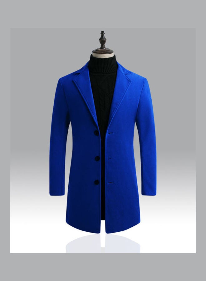 Men Slim Single-Breasted Woolen Trench Coat Solid Color V-Neck Lapel Middle Long Overcoat Royal Blue - Image 4