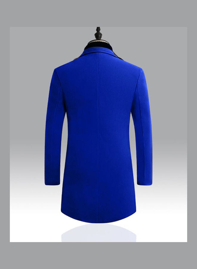 Men Slim Single-Breasted Woolen Trench Coat Solid Color V-Neck Lapel Middle Long Overcoat Royal Blue - Image 5